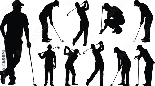 Golf player silhouette collection showing swing sequence, putting technique, professional training, outdoor sport action, athletic performance and competition concept