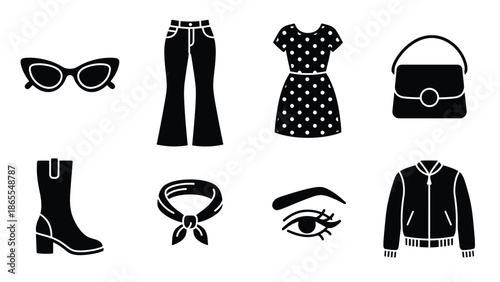 A collection of fashion icons and accessories on a white background