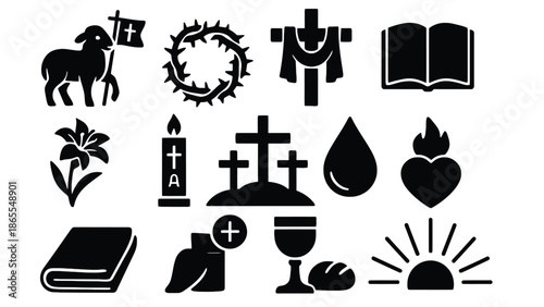 A collection of Christian symbols and icons on a white background