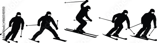 Alpine skiing silhouette sequence showing downhill skier movements freestyle jump poses isolated black vector winter sports illustration set action collection