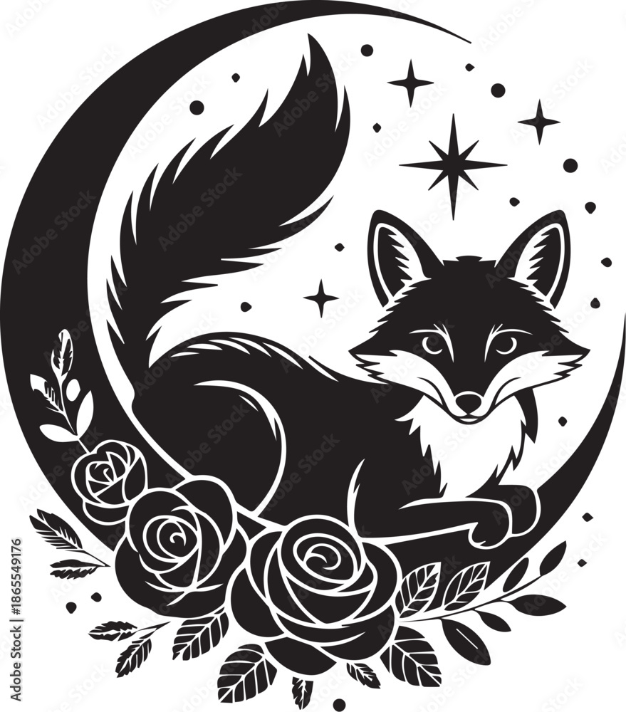 Obraz premium Fox Floral Silhouettes Set – Woodland Fox with Botanical Wreath Illustrations
