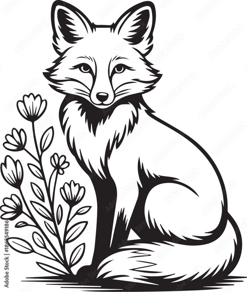 Obraz premium Fox Floral Silhouettes Set – Woodland Fox with Botanical Wreath Illustrations