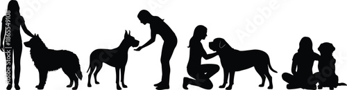 Woman and child bonding with dog silhouette illustration showing pet care, love, companionship, training, family relationship, animal friendship concept isolated