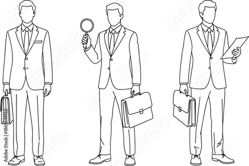 Businessman line art vector set showing professional office men with briefcase document magnifying glass isolated outline illustration business concept collection