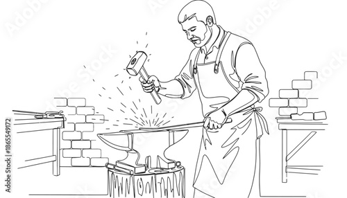 A blacksmith working hard in his workshop with a hammer and anvil