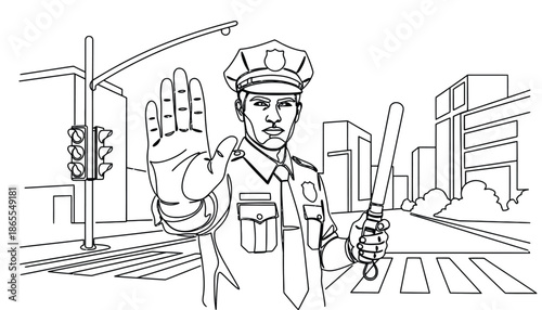 A police officer holding a baton and stopping traffic in a city