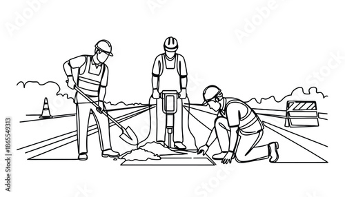 Three construction workers repairing a road in a busy urban environment
