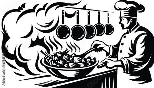 A chef cooking a meal in a kitchen with pots and utensils nearby