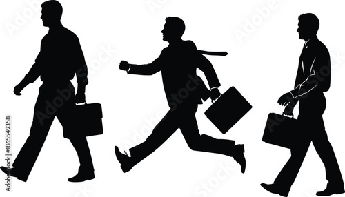 Businessmen silhouettes illustration showing walking and running professionals with briefcases isolated black vector art for corporate marketing branding design