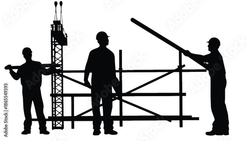 Three construction workers in silhouette building scaffolding with a crane