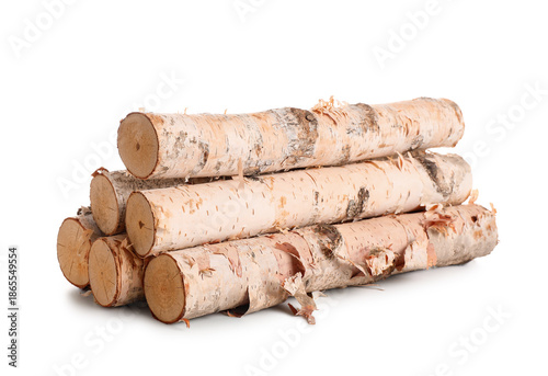 Stack of birch logs on whit...