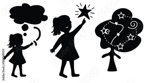 Two little girls with thought bubbles and stars in a whimsical scene