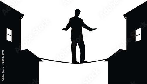 A silhouette of a businessman balancing on a tightrope between two buildings