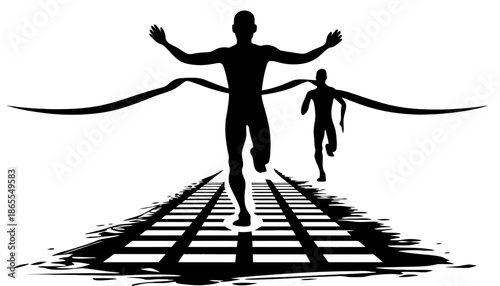 A black silhouette of a man crossing the finish line in a race