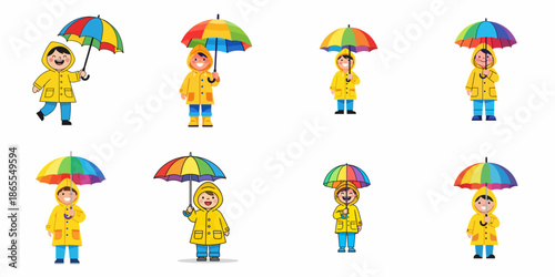 Happy cartoon boy wearing a yellow raincoat and holding a rainbow umbrella, set of eight different poses or styles isolated on a white background.