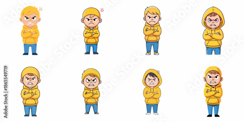 Angry boy cartoon character set with crossed arms, wearing a yellow hoodie, showing various expressions of frustration and sulkiness.