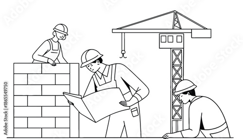 Three construction workers building a wall with a crane in the background