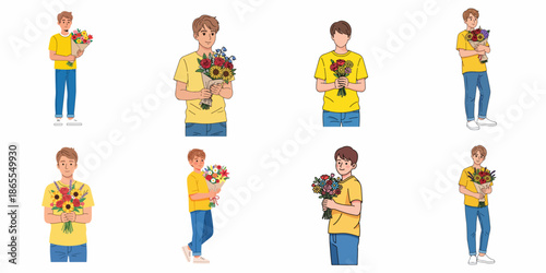 Vector Set of a Young Man Holding Flower Bouquets: Ideal for Gifting, Celebration, Romance, and Delivery Concepts.