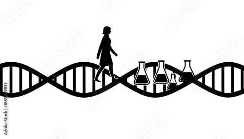 Woman walking on DNA helix with science beakers, symbolizing genetic research and discovery