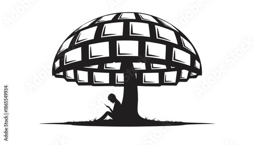 Person reading under a tree formed by screens, symbolizing knowledge and digital world.