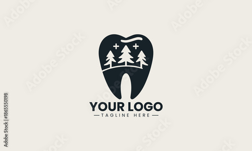 Dental tooth shape containing pine forest symbolizes natural oral health organic and fresh
