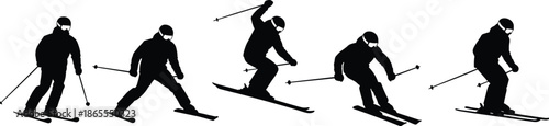 Sequence of alpine skiing silhouettes showing downhill skier movements freestyle jumps isolated black vector illustration winter sports action poses set