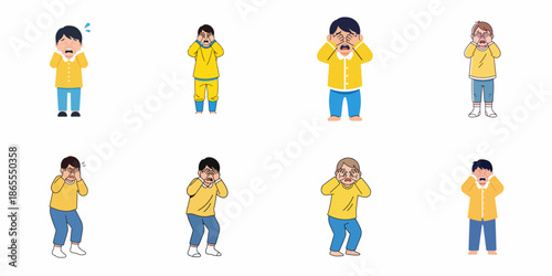 Collection of 8 vector illustrations showing young boys covering their eyes in fear, crying, or feeling distressed, isolated on white.