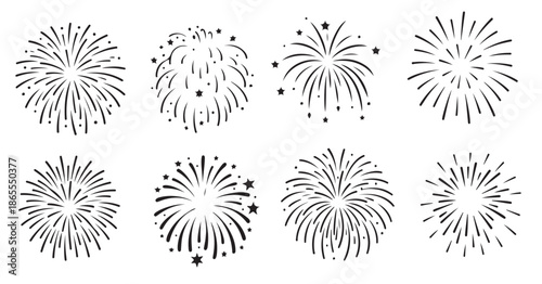 eight black fireworks silhouettes traced different styles