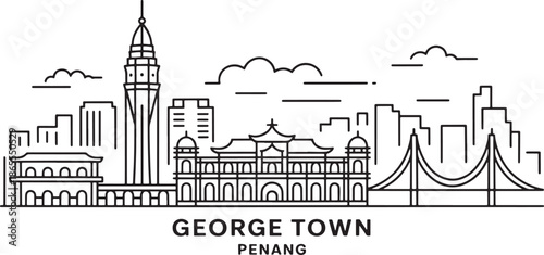 George Town Penang skyline outline featuring clock tower bridge and traditional asian buildings