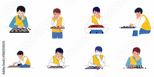 Strategy Board Games Illustration Set: Young Boys Deep in Thought Playing Checkers and Chess, Focusing on Concentration and Problem Solving.