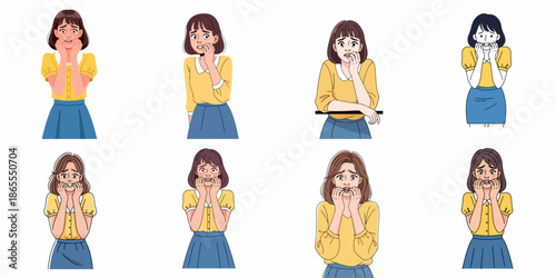 Collection of nervous and anxious young women vector illustrations showcasing fear, stress, worry, and panic gestures, isolated on white.