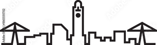 Minimalist cityscape outline featuring clock tower and symmetrical urban architectural elements