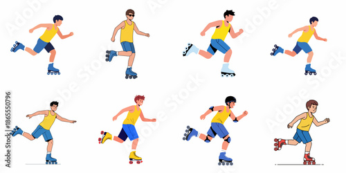 Dynamic set of cartoon illustrations featuring young men rollerblading and roller skating in action poses, enjoying summer sports and active lifestyle.