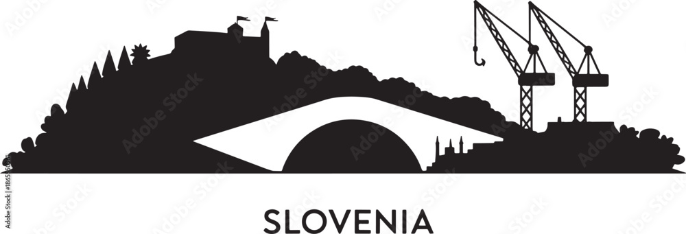 Obraz premium Slovenia landscape silhouette with castle bridge and cranes vector art