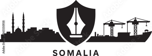 Somalia abstract skyline vector silhouette with minarets port cranes and central writing shield symbol