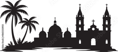 Tropical island beach skyline silhouette famous landmarks iconic buildings architectural domes skyline