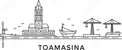 Toamasina madagascar city skyline thin line vector illustration coastal port activity and cathedral
