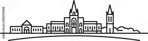 University campus building outline vector featuring historic clock tower and gothic architecture