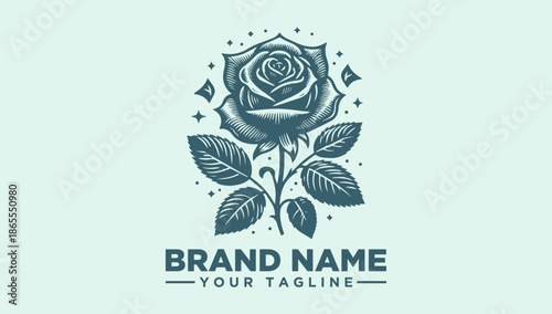 A logo featuring a stylized rose with leaves and geometric shapes on a light green background with a placeholder text for brand name and tagline.