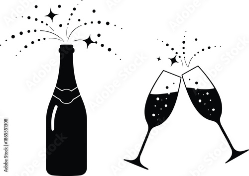 Champagne Bottle Popping and Toasting Glasses Silhouette Vector