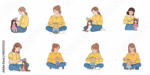 Young women playing with dolls and brushing their hair, illustration set of childhood creativity and imagination.