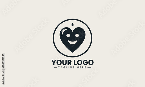Minimalist black vector icon of a smiling heart inside a circle with a teardrop on a white background