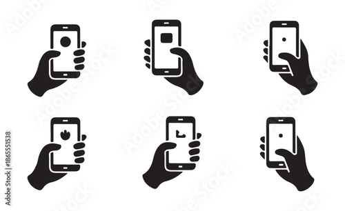 Hand holding smartphone icons set for mobile apps and internet services