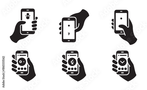 Hand holding smartphone icons set for mobile apps and internet services