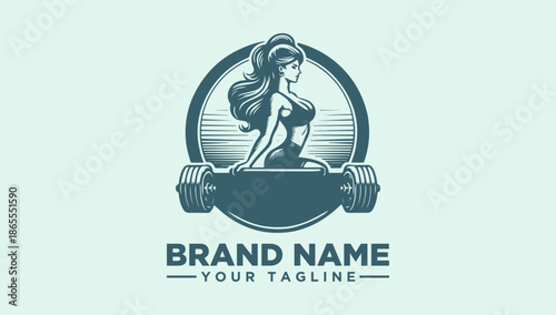 A stylized illustration of a woman sitting on a dumbbell within a circular logo, surrounded by a light green background with a placeholder for a brand name and tagline.