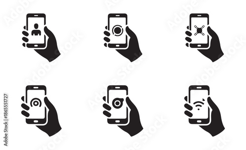 Hand holding smartphone icons set for mobile apps and internet services