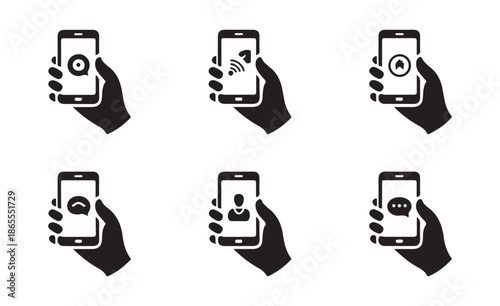 Hand holding smartphone icons set for mobile apps and internet services