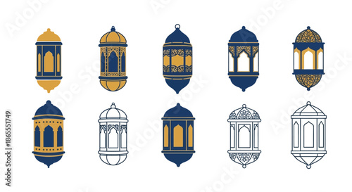 Variety of ornate traditional lanterns in blue and gold with line art versions, ideal for cultural celebrations and festive decorations