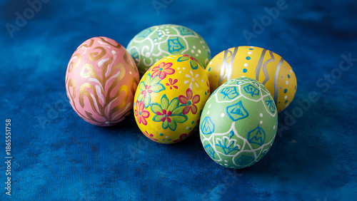 Hand-Painted Easter Eggs on Textured Blue Background, Artistic Decoration, Vibrant Holiday Art, Textured Canvas