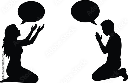 Man and woman praying silhouette illustration with speech bubbles representing faith, spirituality, belief, hope, worship, meditation, religious communication concept